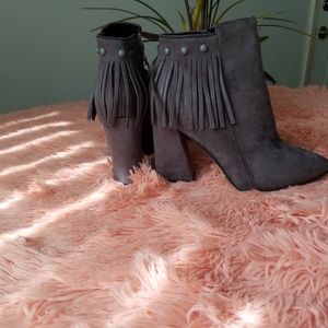 Gray Fringe-Accent Ankle Boot